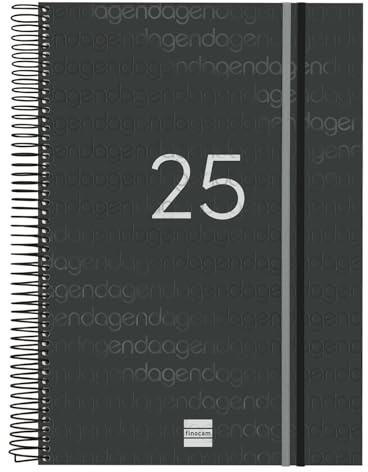 Finocam Spiralkalender 2025, 1 Tag pro Seite, Januar 2025 - Dezember 2025, 12 Monate, Schwarz, Spanisch