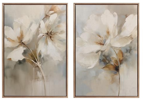 Kate and Laurel Sylvie Beaded Abstract Botanical Floral Linen Painting 1 and 2 Vintage Framed Canvas Wall Art Set by The Creative Bunch Studio, 2 Piece Set 23x33 Gold, Simple Floral Art for Wall
