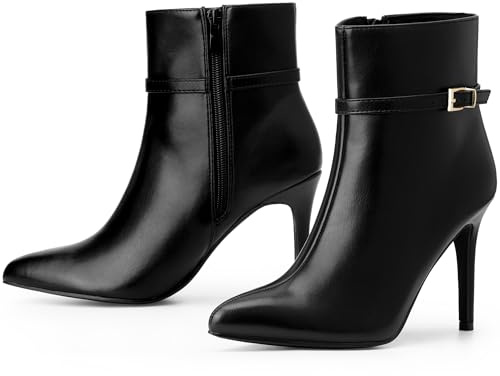 Allegra K Damen-Stiefeletten mit spitzem Zehenbereich, Schnallenriemen, Stiletto-Absätzen, Schwarz , 40.5 EU