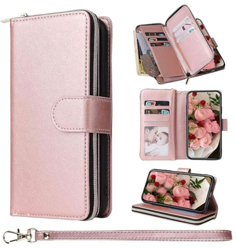 ZCDAYE Leather Phone Case for iPhone 16 Wallet Case, Rose Gold | Practical Flip Case with Card Holder, Wrist Strap, Zipper Pocket, Magnetic Closure, Elegant Women Cases Phone Cover Holster