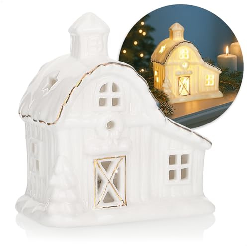 com-four® LED-Haus aus Porzellan, batteriebetriebenes Leuchthaus | weißes glänzendes Deko-Lichthäuschen für Winter und Weihnachtsdekoration