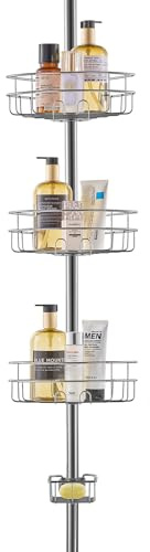 VEVOR Étagère de Douche d'Angle Réglable 99-317,5 cm de Haut, Poteau Télescopique de Salle de Bain Multifonctionnel avec 3 Plateaux de Charge Solides, Antirouille, Facile à Installer, Argenté