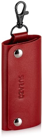 SURAZO Funda de Piel para Llaves con Llavero, Hecha a Mano, de Piel auténtica, para Llaves de Coche y casa, Color Rojo, Hombres y Mujeres, marrón, 11cm x 5cm, Casual