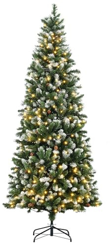 HOMCOM Árbol de Navidad Artificial Altura 230 cm con Luces LED Árbol de Navidad Estrecho con 1051 Ramas 45 Piñas Base Abatible y Polvo Brillante Ø100x230 cm Verde