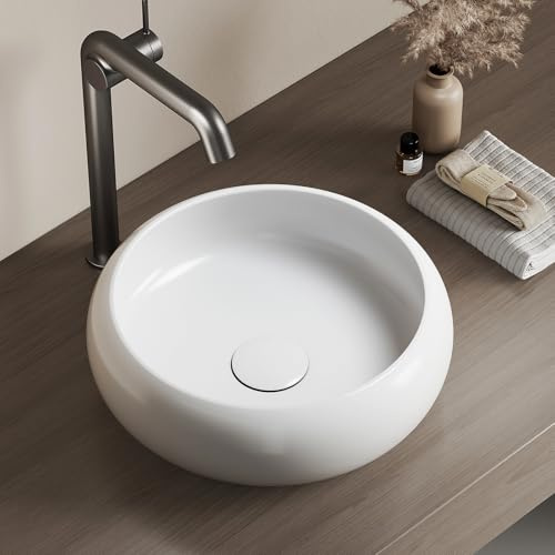 EMKE Vasque à Poser, Lavabo Rond en Céramique, 36 x 36 x 12 cm, Montage sur Comptoir, Blanc Brillant, Idéal pour Salle de Bain et WC Invités