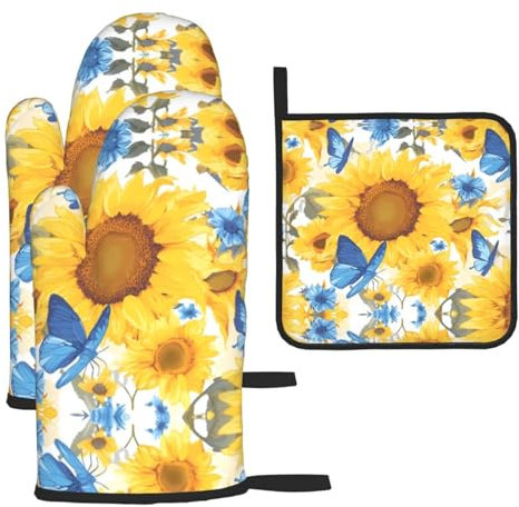WZYWHJ Set di 3 presine con girasoli gialli con motivo farfalle blu, in tessuto spesso, resistente e impermeabile per protezione dal calore