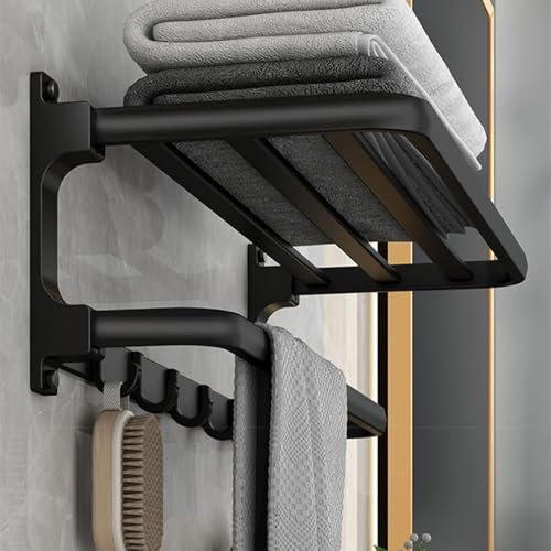 Towel Rack with Towel Bar Holder Towel Rail with 5 Hooks Foldable Towel Shelf Rustproof Towel Storage Wall Mount for Bathroom Lavatory Matte Black 58cm(23inch)