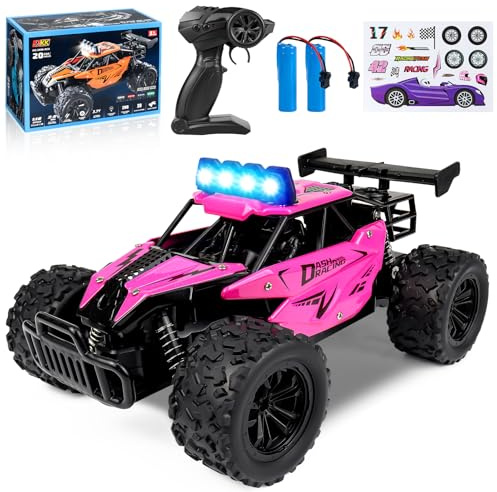 Joellfuner ferngesteuertes Auto, 2.4GHz 1:16 Offroad Monster RC Truck, 2WD 20KM/H RC Auto mit Vierfarbiges LED-Licht, RC Truggy mit Hohe und Niedrige Gänge für Kinder ab 3 Jahre