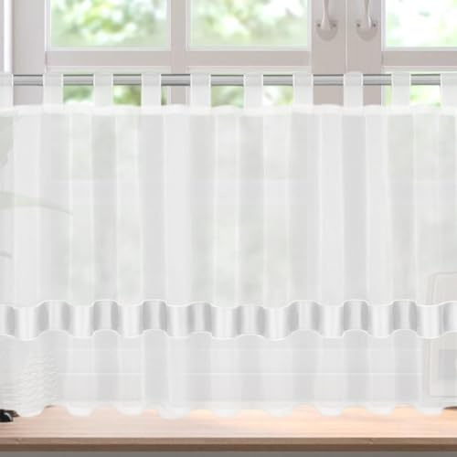 TESSTSY Net Curtain, Voile Bistro Curtain, Bistro Curtain, Kitchen Curtain, Transparent Window Curtain, Bistro Curtain with Eyelets, for Kitchen, Living Room, Country House (H x W 45 x 90 cm, Pure