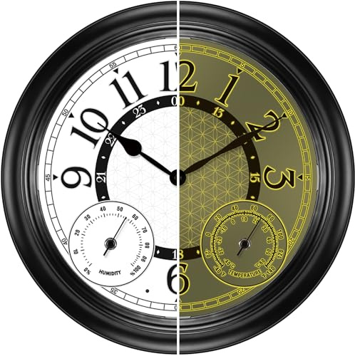 Dyreps 15Inch Outdoor Clock with Thermometer & Hygrometer - Waterproof Illuminated Large Outdoor Clocks Waterproof, Weather-Resistant Battery Operated Metal Wall Clock for Indoor and Outdoors