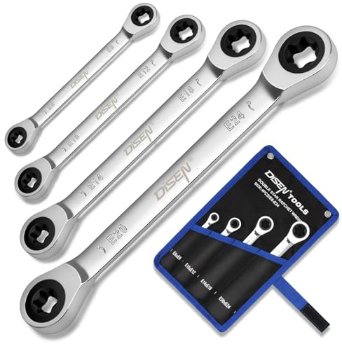 DISEN Upgraded 4-Piece E-Torx Double Box Ratcheting Wrench Set, 72-Tooth, Dual Head E6E8/E10E12/E14E18/E20E24 with Storage Pouch