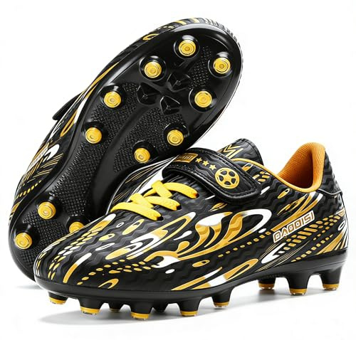 Tooperze Football Shoes Children's Boys Girls Sporty Football Boots Indoor Outdoor Athletics Soccer Cleats Kids Spikes Professional Training Football Shoes, black gold, 12.5 UK Child