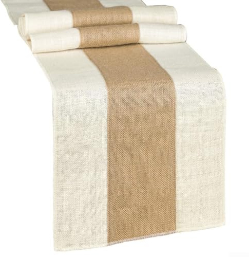 Camino de mesa de arpillera en estilo vintage, hecho de arpillera natural, perfecto para mejorar las mesas de boda y fiesta, diseñado para uso repetido y fácil mantenimiento (marrón y blanco)