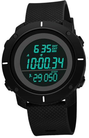 TOGEVAL Montre-Bracelet Étanche Multifonction Numérique pour Homme Sport, Électronique Noir, Chronomètre, Compteur de Pas, Éclairage LED, Usage Course et Natation