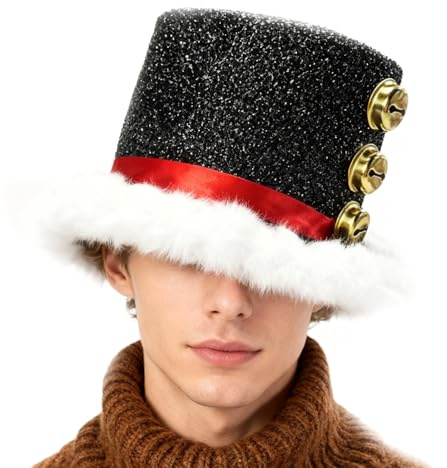 Generisch Cappello di Natale – Copricapo con lanugine bianche e 3 campane, cappello a tesa larga, per uomini, famiglia, Natale, Capodanno, cosplay performance