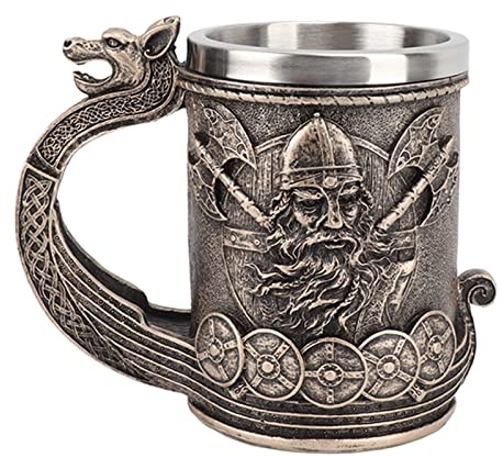 Zerodis Chope à Bière Viking, Chope en Résine de Grande capacité avec Motif Vintage Peint à la Main, Tasse à Boire sur le Thème Nordique Médiéval pour Bière, café, Vin, Unique pour