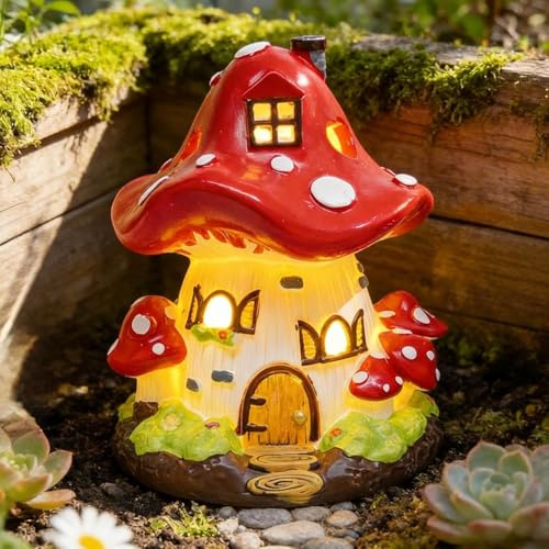 GW Box Fairy House Garden Decoration Resin Mushroom Cottage Ornament Mushroom House Figurines for Outdoor Micro Landscape Ornament