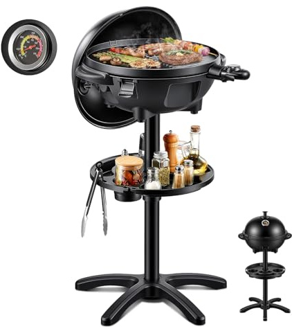 FOHERE 2400W Elektrischer Elektrogrill 2in1 Tischgrill - Standgrill mit Thermostat, Grillplatte mit keramischer Beschichtung, Innen- & Außennutzung, Balkon & Küche, Grillfläche Ø 41 cm, Schwarz