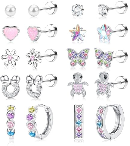Adramata 10 par örhängen i kirurgiskt stål flickor 14K guldpläterade/silver allergivänliga örhängen barn kreoler flatback örhängen litet örhänge set hjärta blomma zirkon fjäril örhänge