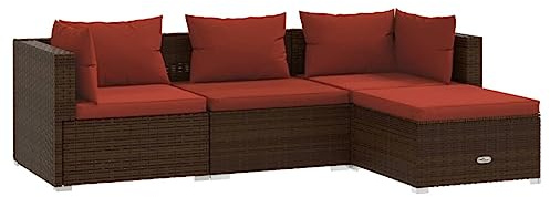 QJBSAVVA 4-teiliges Garten-Lounge-Set mit Auflagen, Poly Rattan Sofa-Set Braun mit zimtroten Kissen, Modulares Outdoor Loungemöbel Set für Garten, Terrasse und Balkon