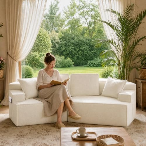 COMHOMA Sofa 2 Sitzer, 228 x 75 x 67 cm, modulares Schlafsofa, Polstersofa, mit Aufbewahrungstasche, Couch mit schlaffunktion, Keine Montage erforderlich, Sherpa-Kunstfell-Bezug, Beige