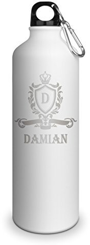 Trinkflasche mit Namen Damian - graviert mit Wappen Monogramm, Aluminiumflasche mit Gravur, Sportflasche - matt weiß