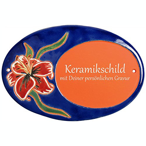 Handarbeit aus Schleswig-Holstein Keramikschild 20,5 x 14,0 cm Motiv Blume weiß rot (Terracotta)