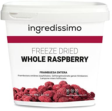 INGREDISSIMO - Frambuesa Entera Liofilizada, Fruta Seca, Producto Vegano, sin Gluten y sin Azúcar Añadido, Snack Saludable y Crujiente de Color Rojo Violeta, para Platos y Recetas - 60 g