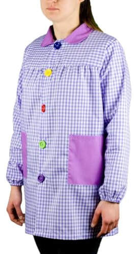 KLOTTZ Kindergärtnerin Malschürze für den Kindergarten. Karierter Bastelkittel. Lavandel. S/M (141-160cm)