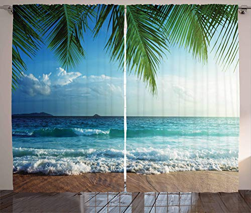 ABAKUHAUS Ozean Rustikaler Gardine, Palmen Tropical Island, Schlafzimmer Kräuselband Vorhang mit Schlaufen und Haken, 280 x 260 cm, Blau Grün