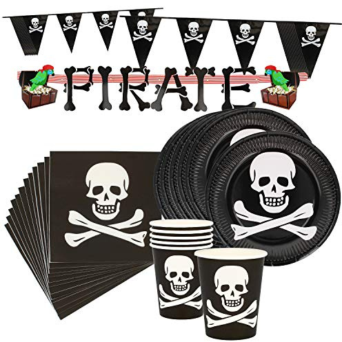 COM-FOUR® 27-teiliges Partygeschirr Set - Teller, Becher, Servietten, Girlanden - für Piratenparty, Kindergeburtstag & Halloween (Partygeschirr - 27-teilig - 6 Gäste)
