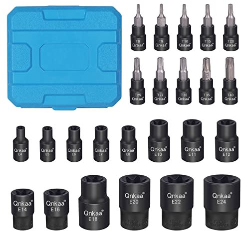Torx Bit Socket Female E-Torx External Sockets Set 24PCS | 10pcs Star Socket Bits (T8-T40) & 14pcs Female E-Torx Sockets (E4-E24) 1/4 3/8 1/2 | CRV | Enhanced Mini Storage Case