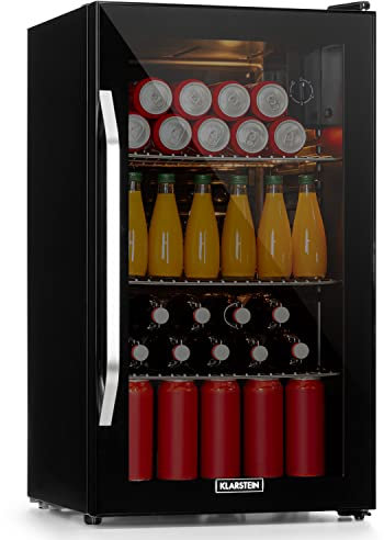 Klarstein Getränkekühlschrank, Kühlschrank Klein mit 3 Ablagen, Minikühlschrank Lautlos für Büro Camping Outdoor, mit Glastür, Mini Fridge 3-10°C, Bierkühlschrank 80 Liter, Schwarz