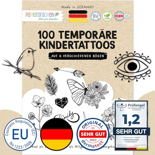 Papierdrachen 100 Tattoos zum Aufkleben - Hautfreundliche Tattoos Schwarz-weiß - stylische Designs - Für Junggesellenabschied, Mottoparty und Freizeit