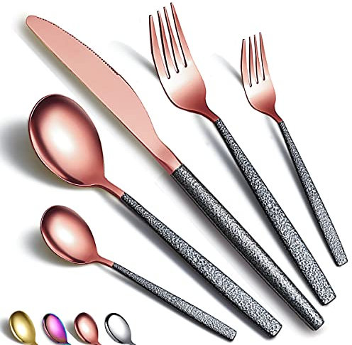 HOMQUEN Besteck 30 Stück Roségold Kopfbeschichtung mit Schwarzem Marsgriff, Edelstahl Kupfer Titanbeschichtung Messer Löffel Gabeln Besteck Set Utensilien Set Besteck Set Service für 6