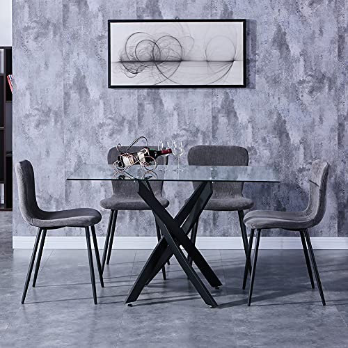 GOLDFAN Glas Esstisch Set 4 Stühle Rechteckiger küchentisch und Rückenlehne Esszimmerstuhl für Küche Wohnzimmer Büro, Grau