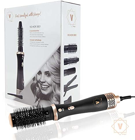 Venga! 5-in-1 Heißluft-Stylingbürste zum Föhnen, Wellen, Glätten, Volumisieren, Entwirren, Stylen und Bürsten, 5 Aufsätze, 6 Haarklammern, schwarz/gold, 600 W, VG HCR 3001