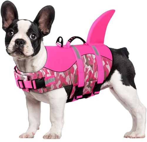 CITÉTOILE Chaleco de rescate de tiburón para perro pequeño y grande, ajustable, con asa, chaleco flotante para mascotas, chaleco salvavidas para animales para deportes acuáticos, rosa camuflaje, M