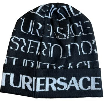 VERSACE JEANS COUTURE Beanie-Mütze, Allover Logo, Schwarz-Weiß