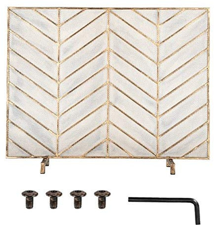 38X31In Single Panel Schmiedeeiserner Kaminschirm Antikes Gold/Schwarzes Finish, Großer Flacher Feuerfunkenschutz Für Wohnzimmerkamindekor (Color : Black) (Antique Gold) Needed