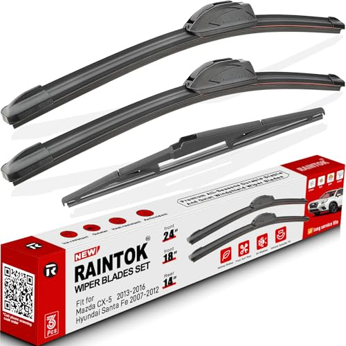 RAINTOK Windshield Wiper Blades Replacement for 2013 2014 2015 2016 Mazda CX5 CX-5 2007-2012 Hyundai Santa Fe Original Factory Quality Front Rear Wipers Blade Set for My Car - 24 18 14 (Pack of 3)