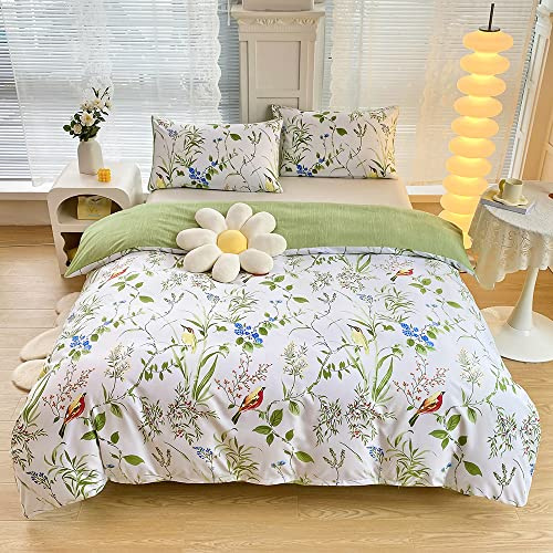 YASMENG Bettwäsche 155x220 Blumen Blätter Weiß Grün Bettwäsche 3 Teilig Weich Kuschelig Mikrofaser Bettbezug Set Aesthetic Pflanzen Vogel Wendebettwäsche mit Reißverschluss und 2 Kissenbezüge 80x80 cm
