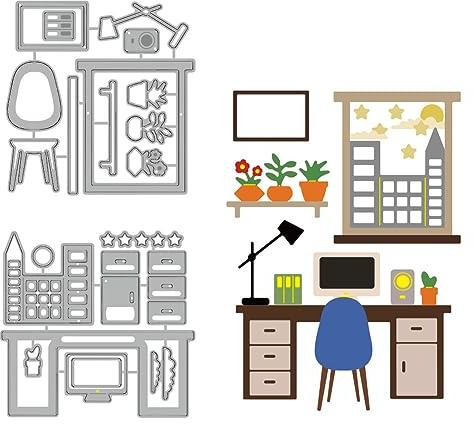 BENECREAT Stanzformen Für Büroszenen, Prägeschablonen Für Schreibtisch Fenster Stuhl Stanzungen Vorlage Für Herstellung von Papierkarten, Dekoration, DIY, Scrapbooking, Album