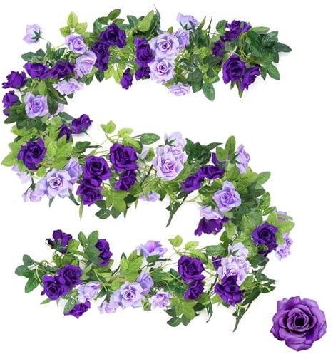 MytaYt 2 Stück Blumen Rose Hängend 2.4m Seidenblumen Vine Girlande Rebe Seidenblumen Hängend Kunstblumen Girlande Hochzeit Für Hochzeit Garten Party Zäunen Zelten Dekoration Violett