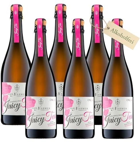van Nahmen Sparkling Juicy Tea Rose-Darjeeling-Rhabarber (BIO) - 6x750ml | Alkoholfreier Bio-Aperitif aus Darjeeling-Tee und Rhabarbersaft mit Rosenwasser – frisch, blumig, feinperlig und vegan