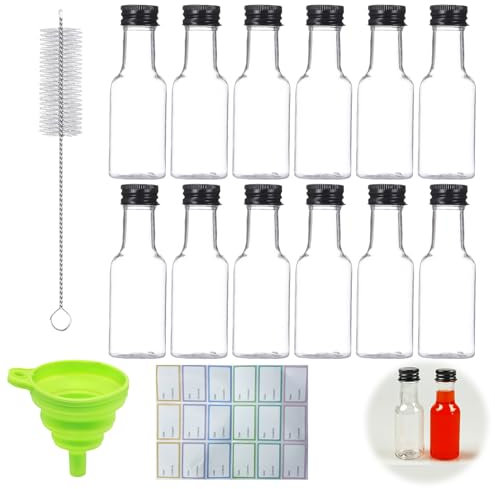 12 Piezas Mini Botellas de Licor,50ml botellitas pequeñas para rellenar,Botes pequeños de plastico con embudo,Cepillo y pegatina para limpiar la botella de vino