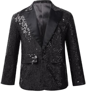 Xnihocha Blazer de fiesta para niño, chaqueta de lentejuelas de manga larga con cuello de solapa, elegante, brillante, slim fit, top, prenda de vestir, Negro , 158-164