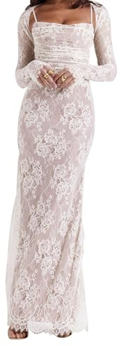 Women Vintage Cream Lace Maxi Dress Romantic Long Sleevees Lace Bodycon Dress White S