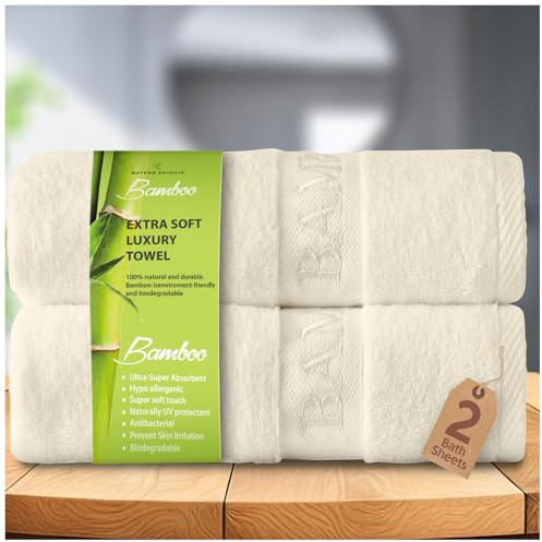 GC GAVENO CAVAILIA Bamboo Bath Sheet Extra Large (80x140cm) - 500 GSM Super Water Absorbent Towels Large Bamboo Towels 2 Pack (60% Bamboo, 40% Cotton) - Extra Soft Towel Bath Sheets - Cream