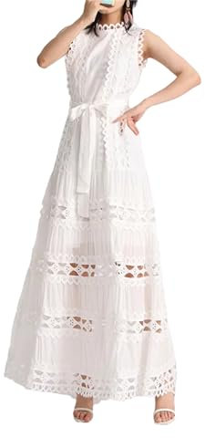 UIOKLMJH Robe De Bal Brodée pour Femmes Ligne A Col Rond Plissée Vintage Maxi Gilet Débardeur Été Beige S